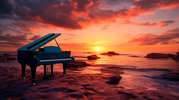 Piano on the beach at sunset Generative AI