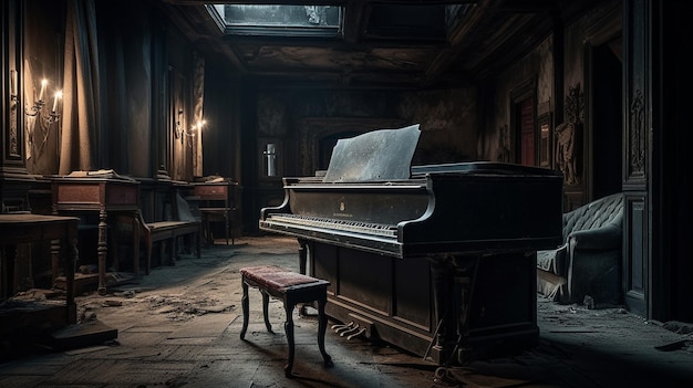 A piano in a dark room with a bench and a bench.