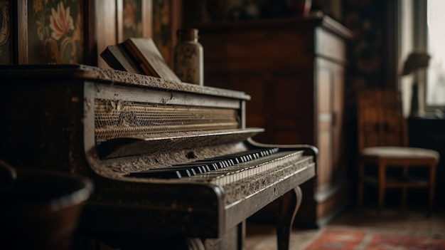 술병이 위에 있는 어두운 방 안의 피아노.