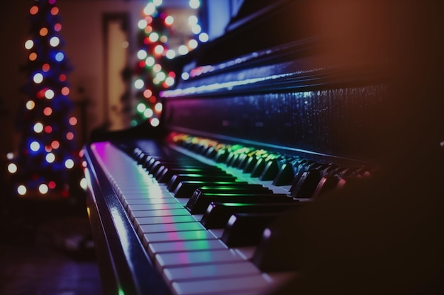 A piano in a dark room with a christmas tree in the background