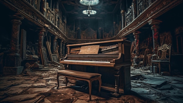 A piano in a dark room with a lamp hanging from the ceiling