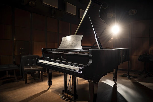 A piano in a dark room with a light on the wall behind it