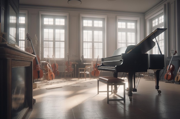 A piano in a dark room with a piano in the foreground and a row of guitars behind it.