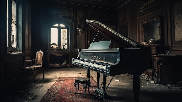 A piano in a dark room with a window behind it.