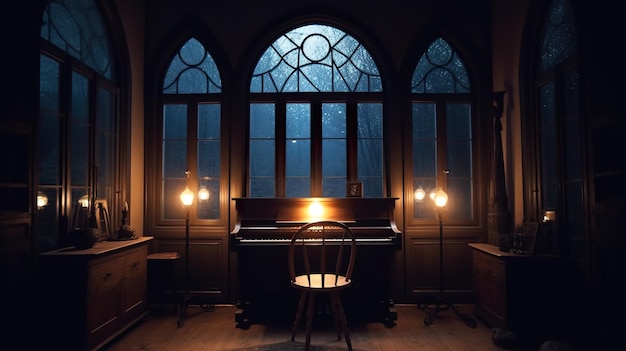 A piano in a dark room with windows AI generative image Dark academia style