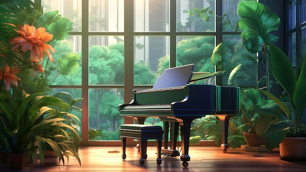 фортепиано музыкальный инструмент, стоящий в комнате с зеленью иллюстрация мультфильма