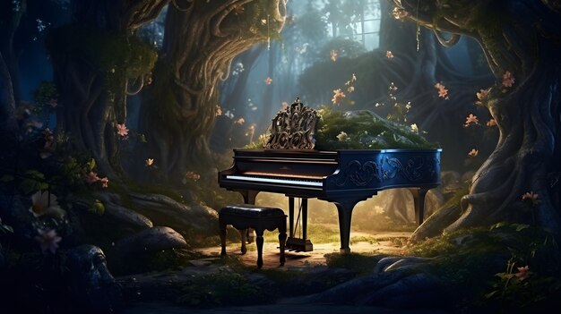 Foto piano in een sprookjesbos een magisch bos