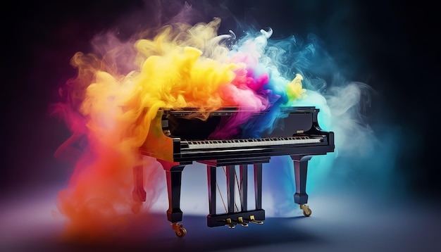 The piano is smoking with multicolored smoke