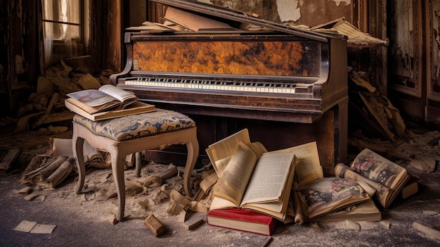 A piano is surrounded by debris and books.