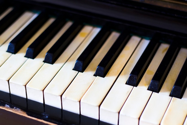 Piano keyboard, black and white key, close-up and macro, retro and vintage piano, music instrument