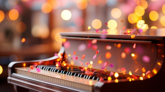 Piano keyboard on bokeh background