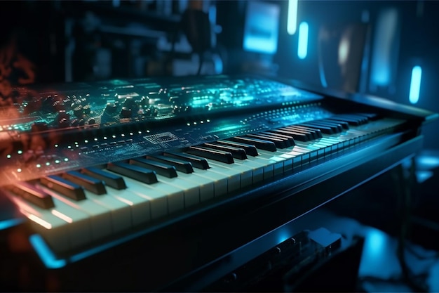 Photo piano keyboard with neon lights illumination cyberpunk musical concept of piano backgroundhigh quality illustration