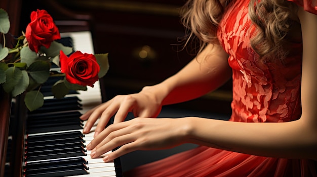 Piano keys close up beautiful womens red concert