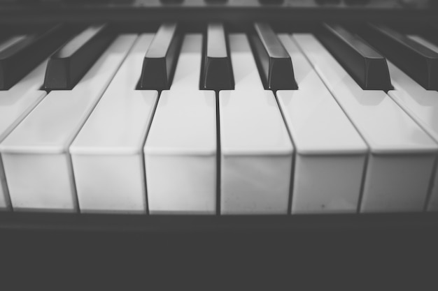 Piano keys close-up in the center. Black and white photography.