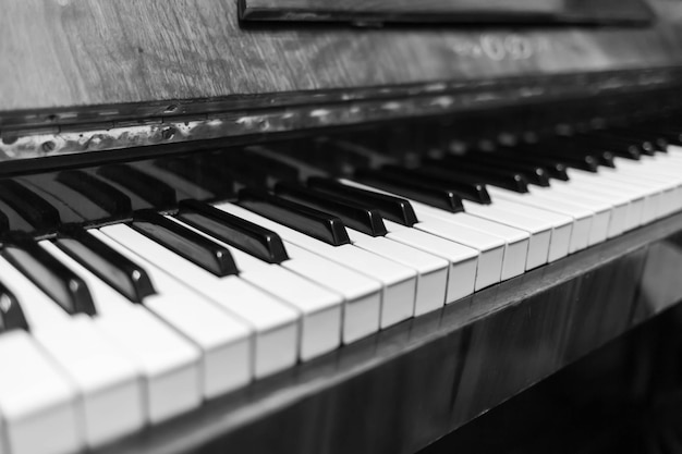 Piano keys closeup Musical instrument in black and white photo