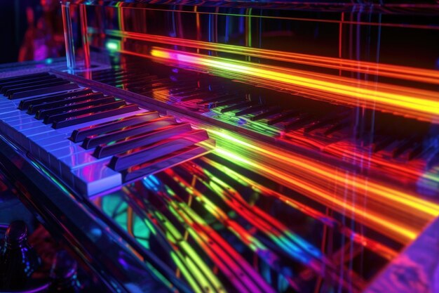 写真 生成 ai で作成されたカラフルな光やパターンを反映したピアノの鍵盤
