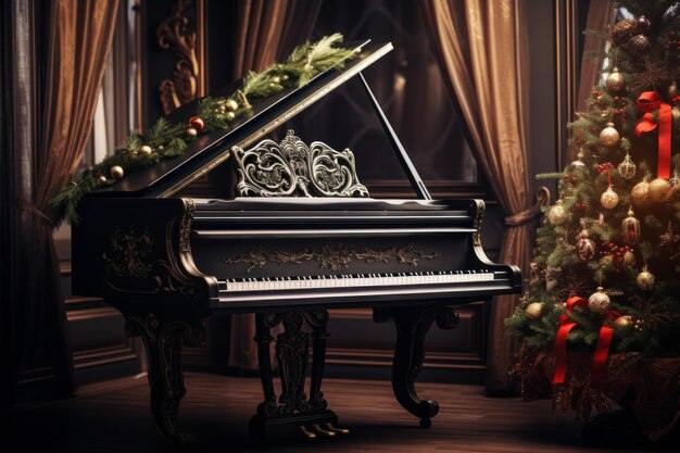 Piano met kerstversiering seizoen Generate Ai