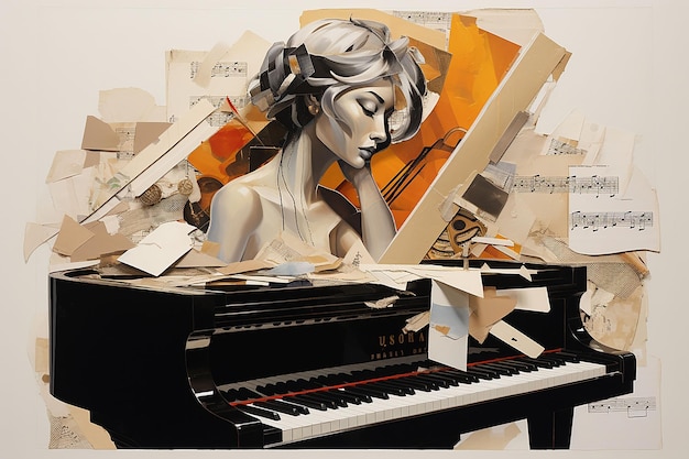 Piano met meisje en muzieknoten retro-stijl collage Papier collage