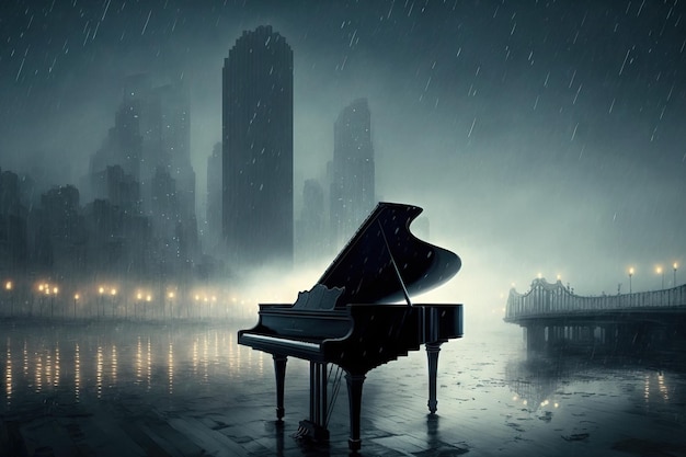 A piano in the rain in front of a foggy metropolis