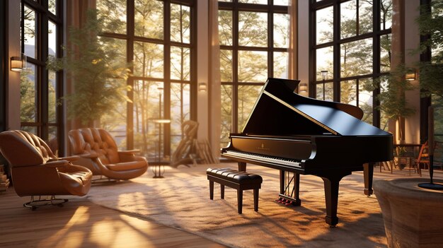 Foto un pianoforte in una stanza con una grande finestra con vista sugli alberi.