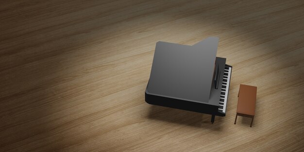 Piano on stage wooden floor and lighting 3D illustration