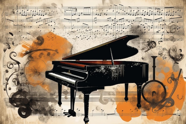 Фортепиано, окруженное текстурой музыкальных элементов на листе заметок