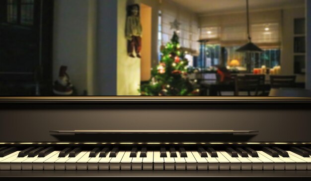Piano toetsenbord vooraanzicht vervagen kerstboom achtergrond 3d illustratie