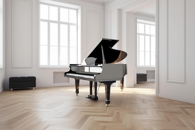 A piano in a white room with a black piano in the corner.