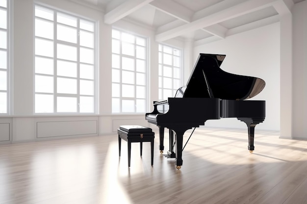 A piano in a white room with a large window that says'piano'on it.