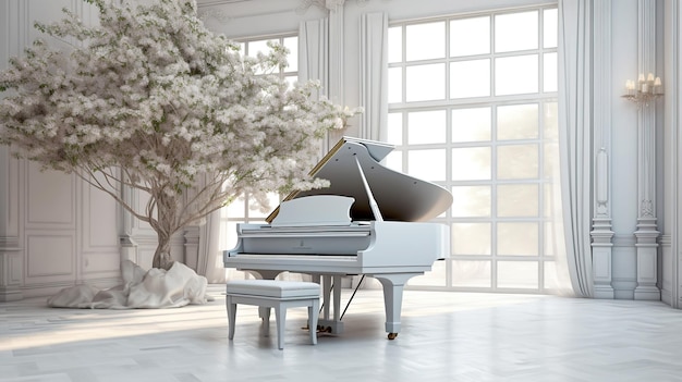 Photo a piano in a white room with a tree in the background.