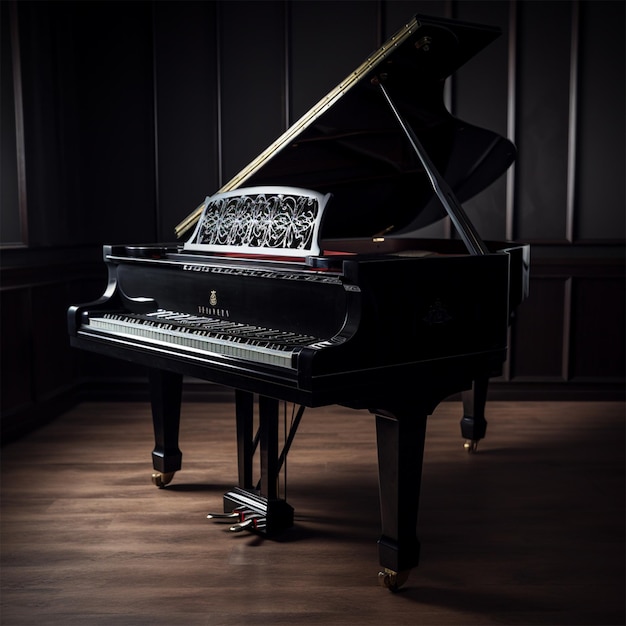 A piano with a black piano in a dark room.