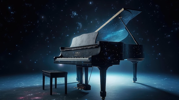青色の背景に「ピアノ」という文字が描かれたピアノ。