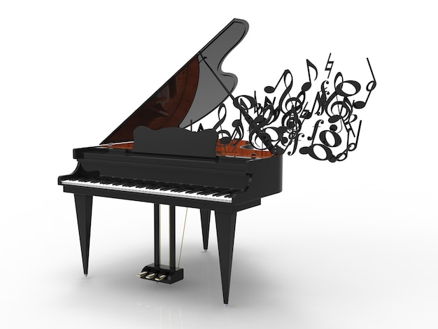 Piano with flight of music notes