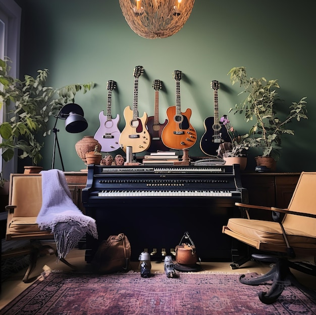 a piano with a guitar on the wall and a chair in the background.