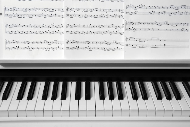 Piano with music notes close up