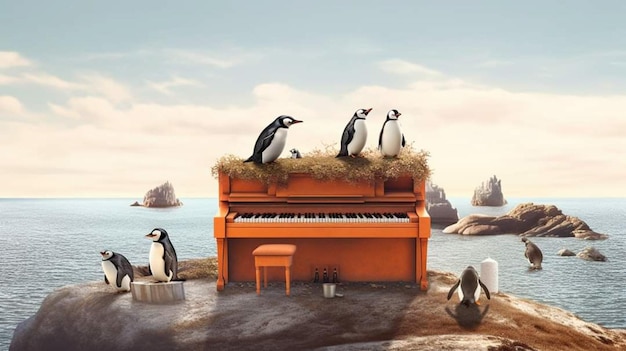 A piano with penguins on it is on the beach.