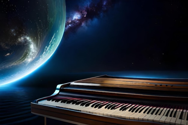 Foto un pianoforte con una mappa del mondo sullo sfondo