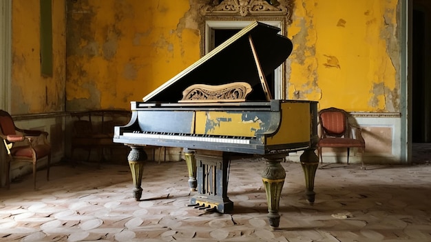 A piano in a yellow room with a blue and black piano in the corner.