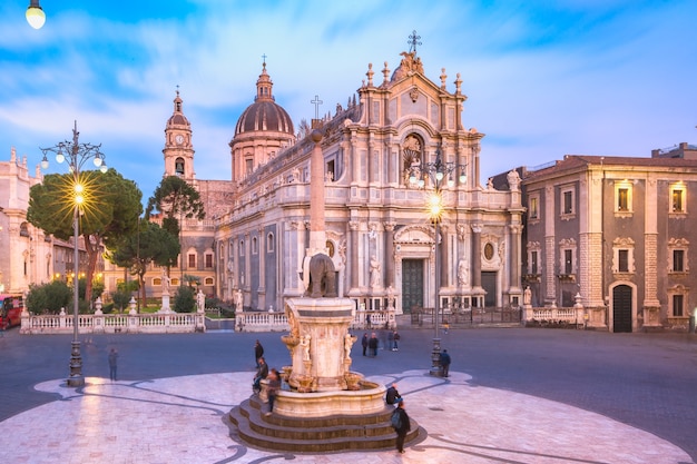 Piazza Duomo in Catania with the Cathedral of Santa Agatha and Liotru, symbol of Catania in the evening, Sicily,