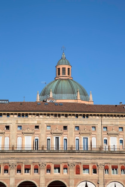 Piazza Maggiore Main Square with Santa Maria Church Dome in Bologna, Italy