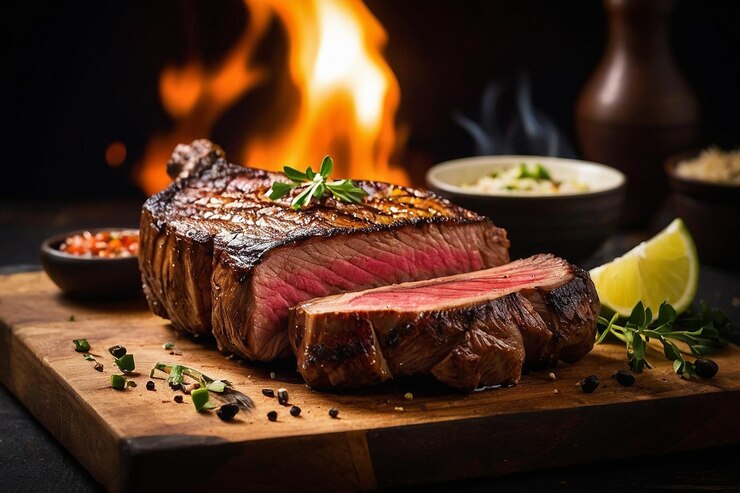 Foto picanha op braziliaanse churrasqueira met vlam