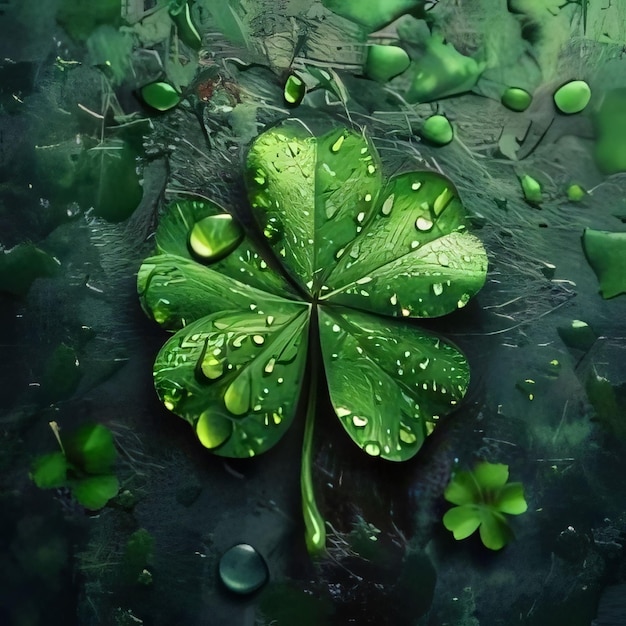 Picked fiveleaf clover with drops of water dew Green fourleaf clover symbol of St Patricks Day