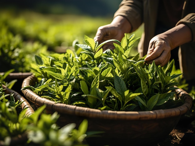 Photo picking green tea leaves generative ai