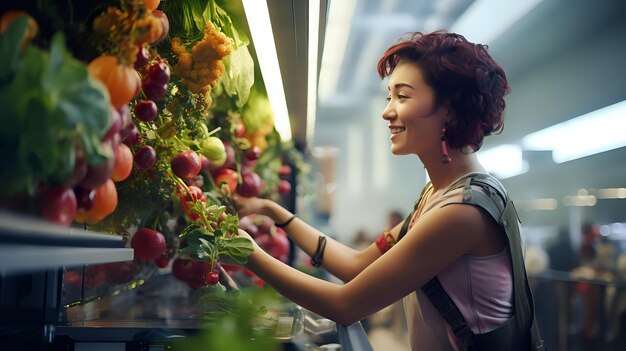 写真 垂直屋内農場から生産物を採取する