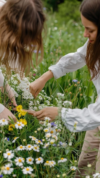 Foto cullare fiori selvatici insieme per creare un bouquet