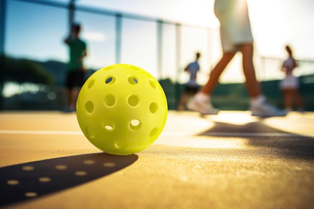 Photo pickle ball in the middle of the court generative ai