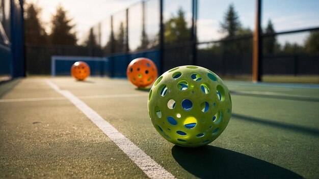 Pickleball perforated plastic ball on court outdoors