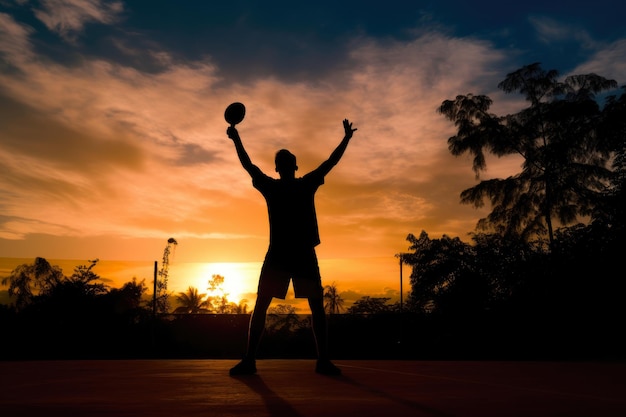 Pickleball player in silhouette celebrating a victory at sunset