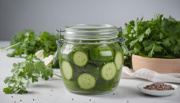 Photo pickled cucumbers in glass jar on the white background