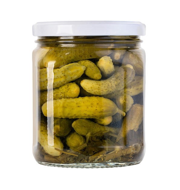 Pickled cucumbers isolated. Pickles in glass jar isolated on white background. with clipping path